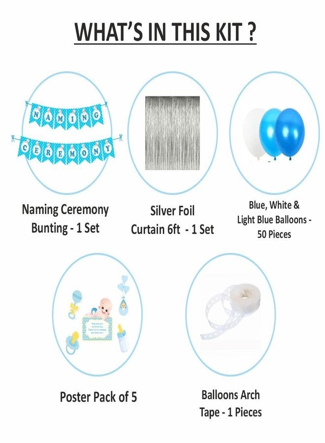 Untumble Naming Ceremony Decor Kit|Blue Baby Boy Name Kit With Banner, Silver Foil Curtain & Balloons|Naming Items For Boy|Pack Of 42, Wedding / Party - Image 2